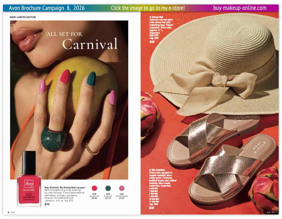 Current Avon Brochure Avon Catalog Campaign 8 Online | Avon Glimmer Rio Nail Lacquer Straw Hat Sandals