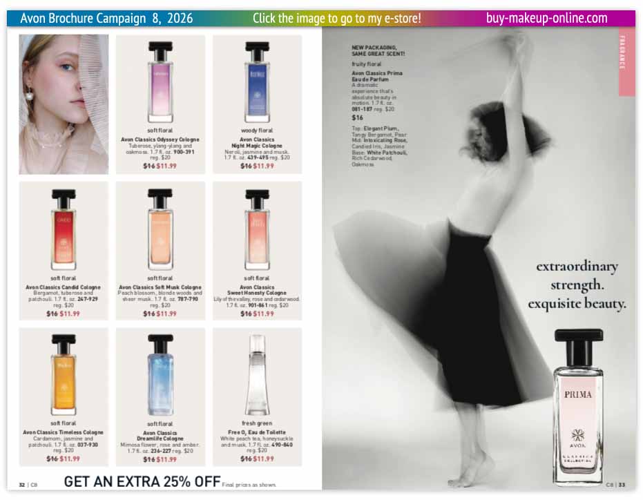 view Avon Campaign 8 Catalog Online | Avon Fragrance Classics Odyssey Night Magic Candid Soft Musk Sweet Honesty Timeless Dreamlife Free O2 Prima