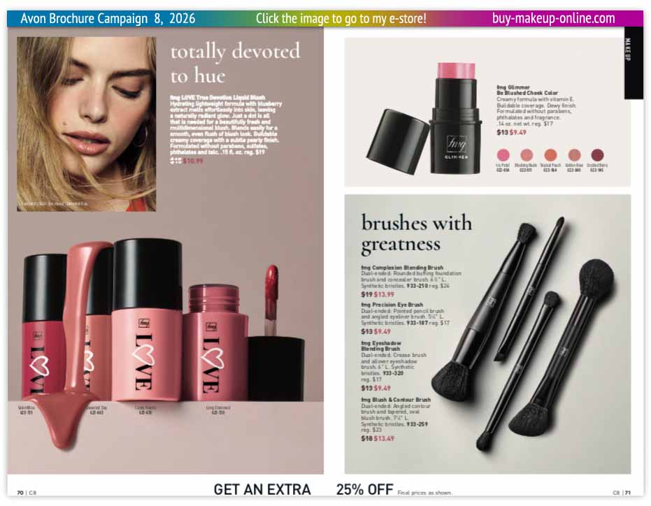 Avon Book Catalog Campaign 8 Online | Avon LOVE True Devotion Liquid Blush Be Blushed Cheek Color Blending Brush Eye Brush