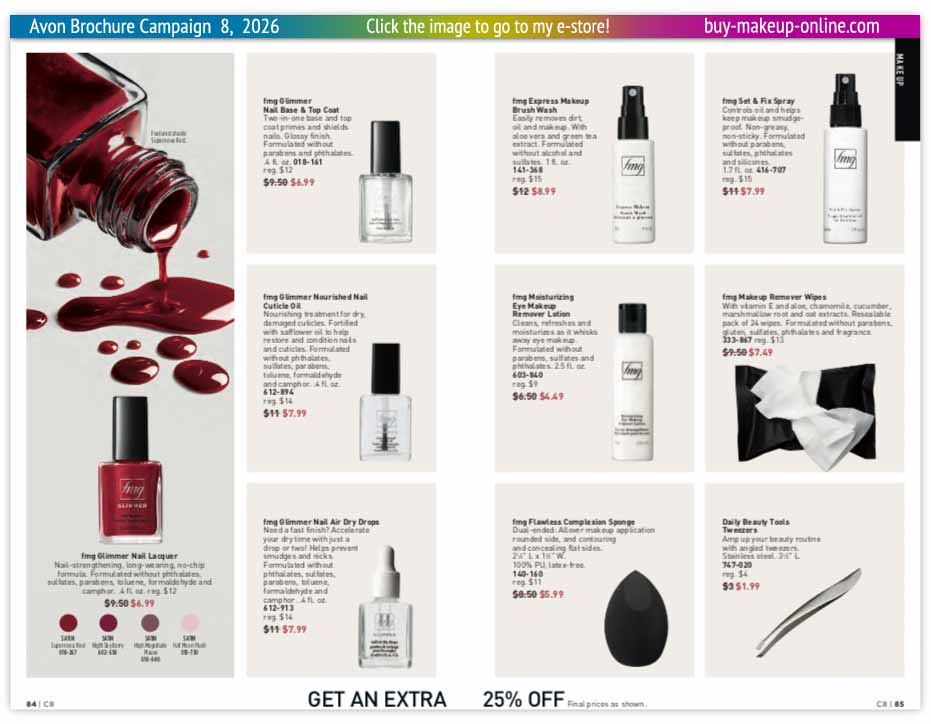 view Avon Campaign 8 Catalog Online | Avon Glimmer Nail Lacquer Top Coat Cuticle Oil Dry Drops Makeup Remover Wipes Lotion Set And Fix Spray Tweezers