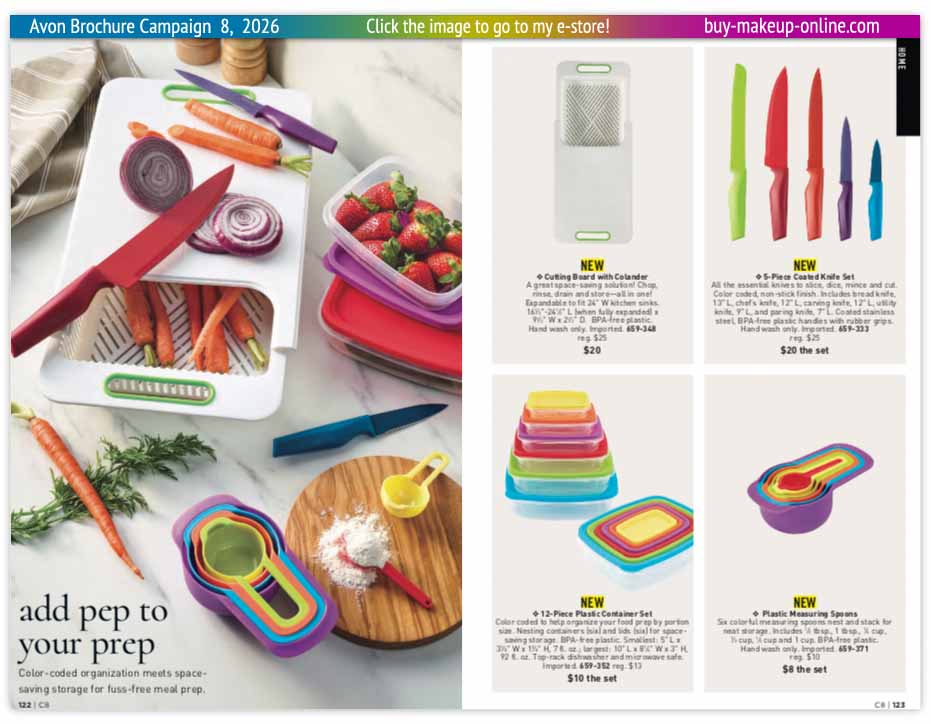 view Avon Catalog Campaign 8 Online | Avon Home Cutting Board 12-Piece Container Set Measuring Spoons Knife Set
