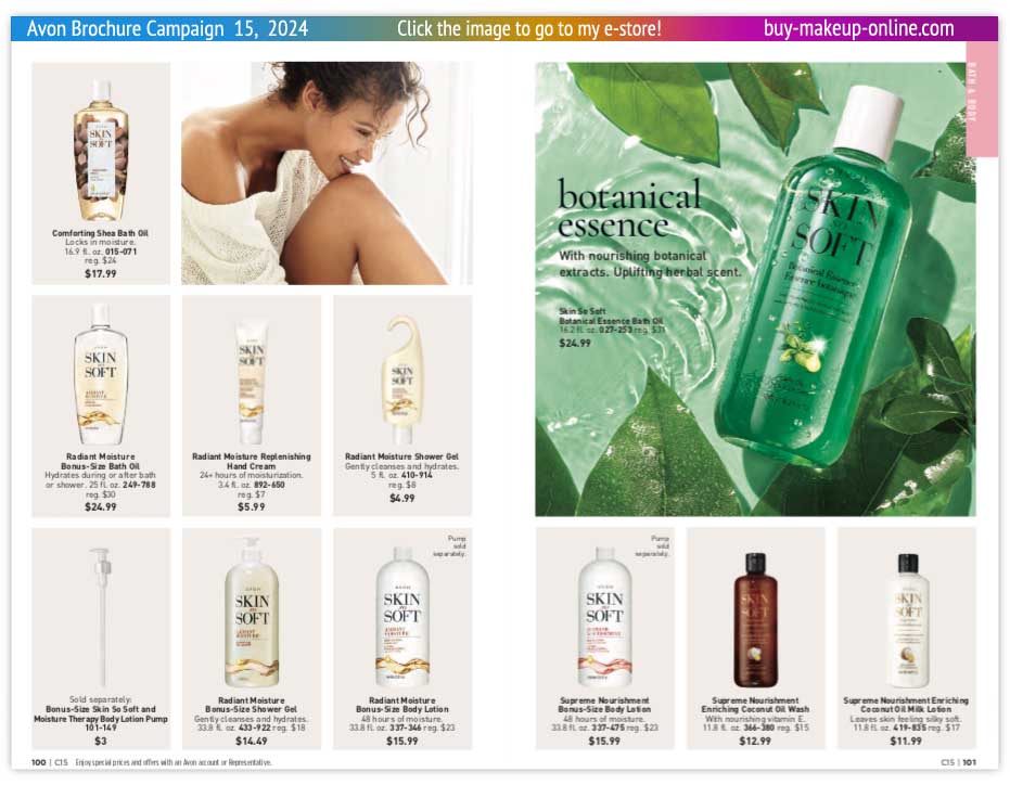 view Avon Catalog Campaign 15 Online | Avon Skin So Soft Comforting Shea Botanical Essence 