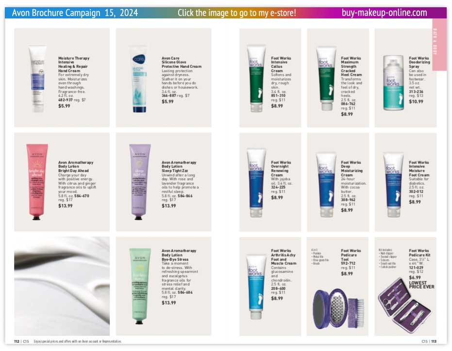 view Avon Catalog Campaign 15 Online | Avon Foot Works Foot Care Silicon Glove Aromatherapy Lotion 