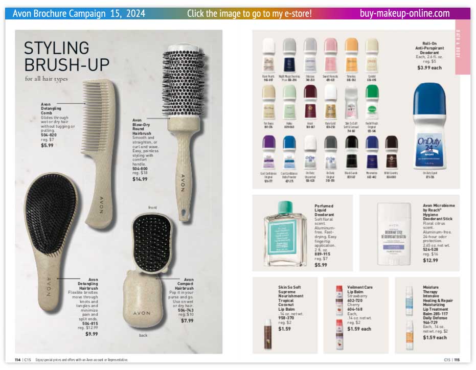view Avon Catalog Campaign 15 Online | Avon Hairbrush Antiperspirant Deodorant Lip Balm 