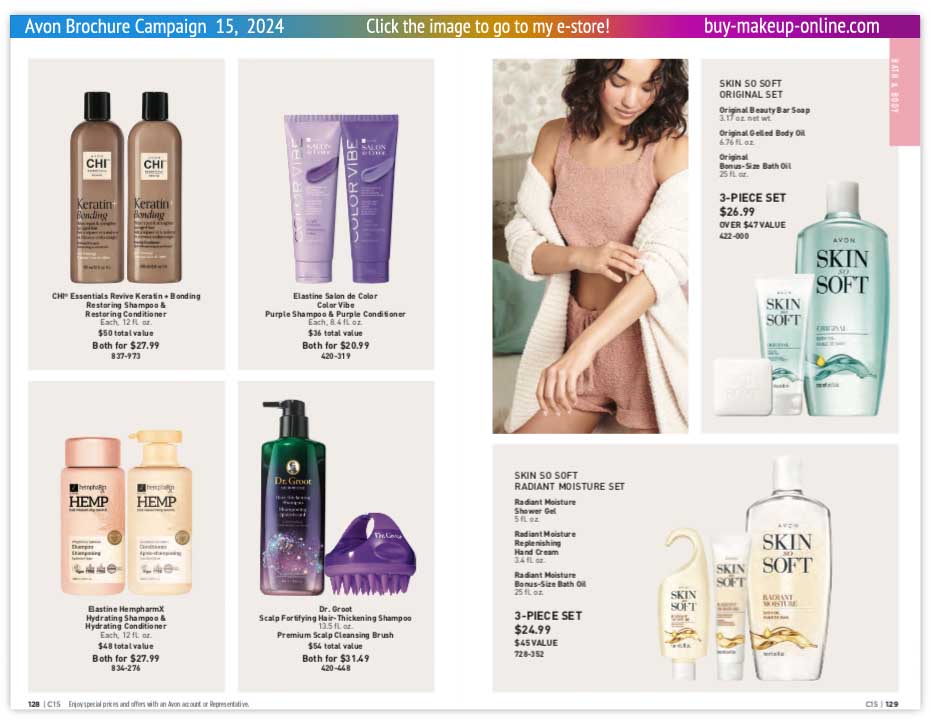 view Avon Catalog Campaign 15 Online | Avon CHI Color Vibe Elastine Dr Groot 2-Piece Set Skin So Soft 3-Piece Set 