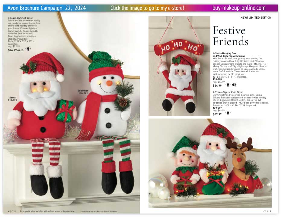 Current Avon Brochure Campaign 22 Online | Avon Christmas Light Up Santa Shelf Sitter 