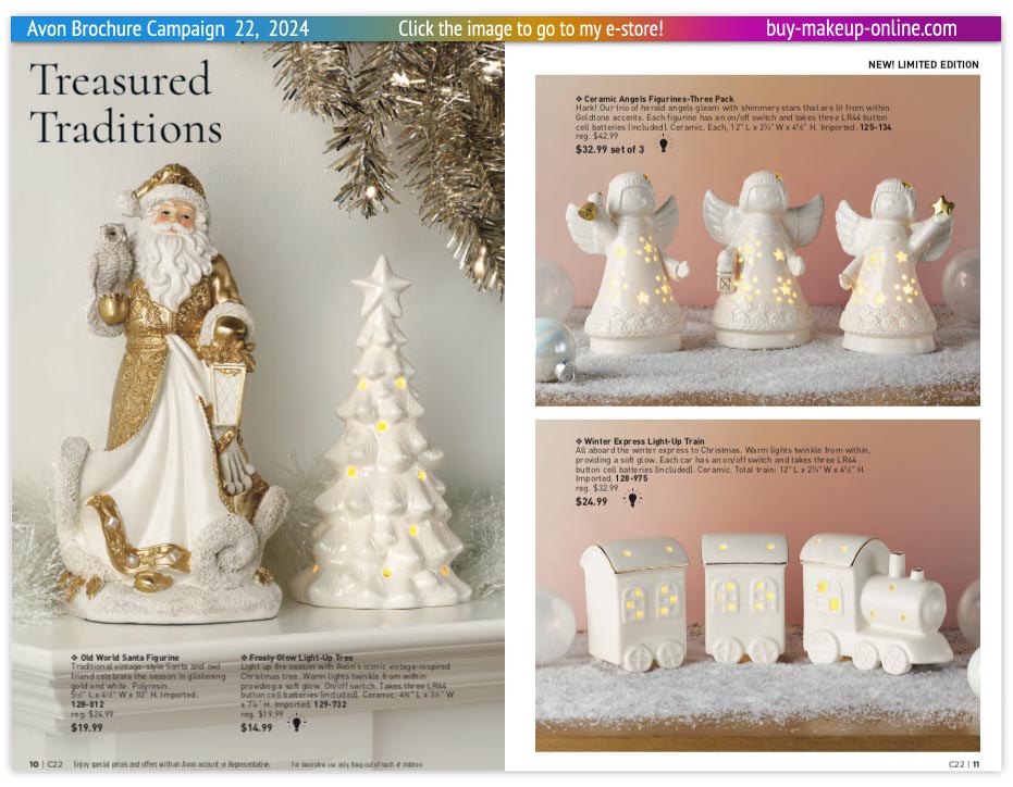 Current Avon Brochure Avon Brochure Campaign 22 Online | Avon Christmas Santa Figurine Light Up Tree Train Angels 