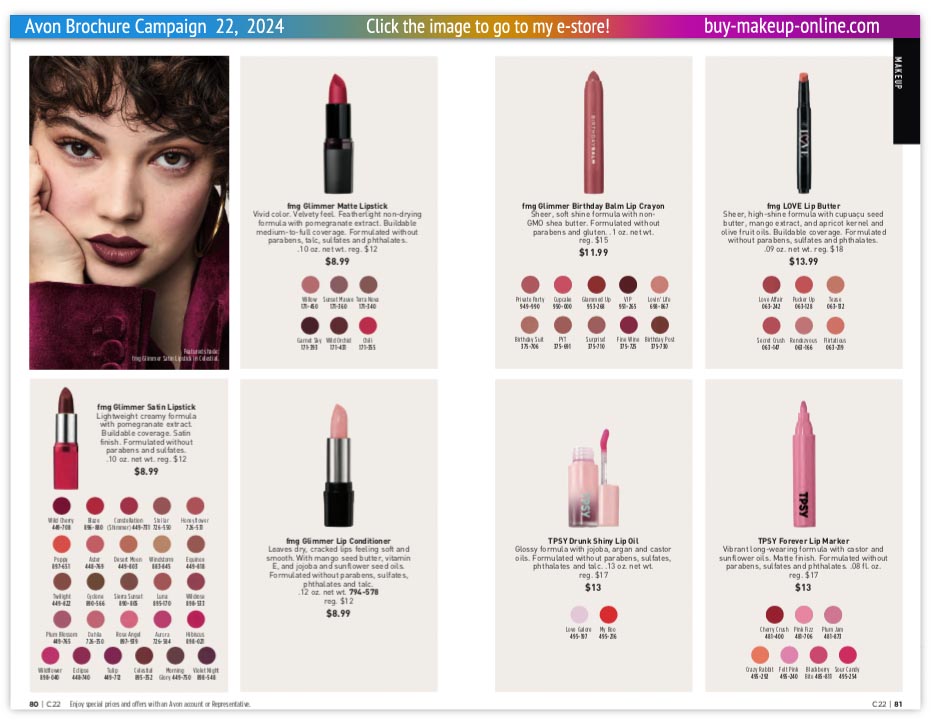 Avon Book Campaign 22 Online | Avon Glimmer Satin Glimmer Matte Lipstick Lip Conditioner TPSY 