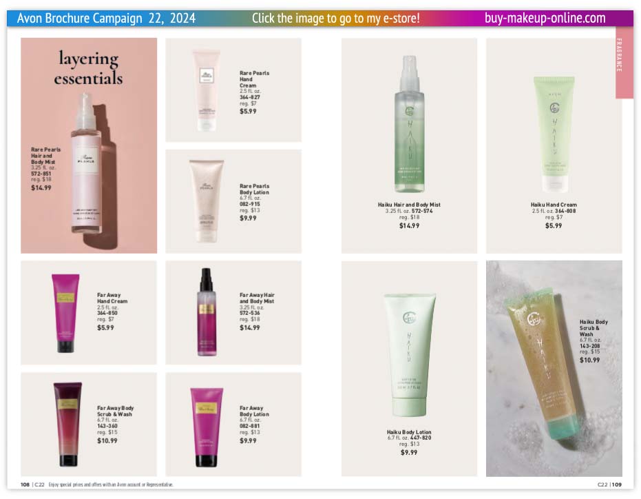 view Avon Catalog Campaign 22 Online | Avon Fragrance Rare Haiku Body Mist Hand Cream Body Lotion 