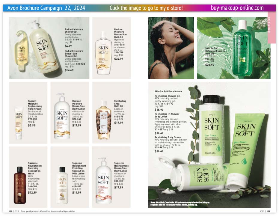 view Avon Catalog Campaign 22 Online | Avon Skin So Soft Radiant Moisture Botanical Essence Comforting Shea Pure Nature 