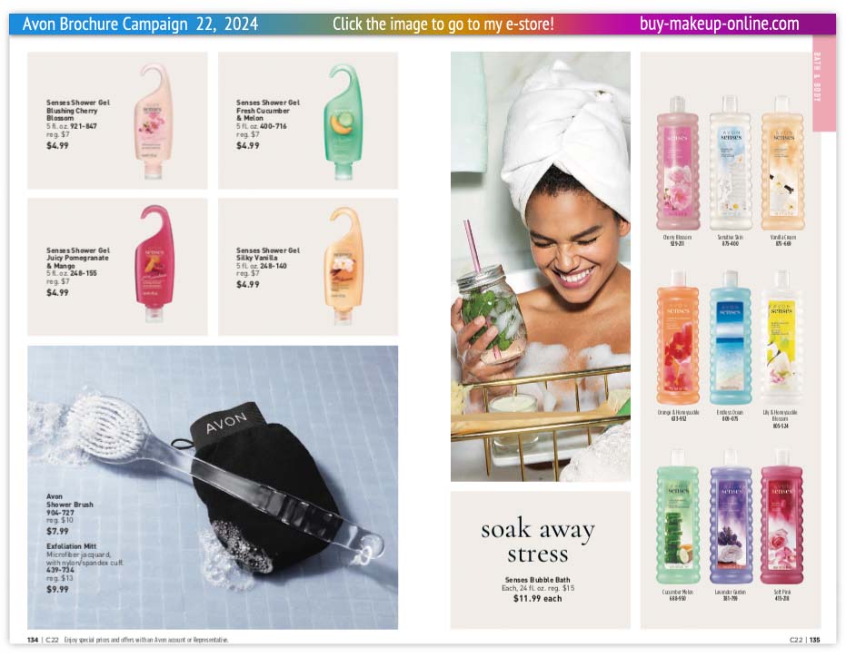 view Avon Catalog Campaign 22 Online | Avon Senses Shower Gel Bubble Bath Shower Brush 