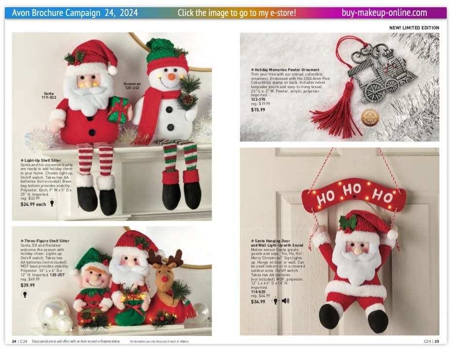 Current Avon Campaign 24 Brochure Online Avon | Avon Christmas Santa Shelf Sitter Holiday Memories Pewter Ornament 