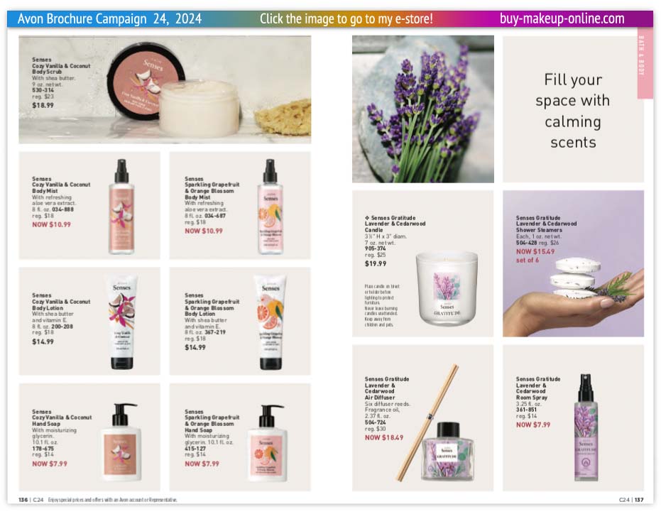 view Avon Catalog Campaign 24 Online | Avon Senses Body Mist Lotion Hand Soap Room Spray 