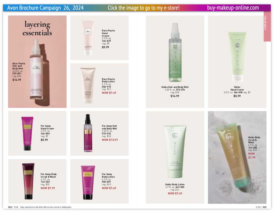 view Avon Catalog Campaign 26 Online | Avon Haiku Rare Far Away Body Lotion Mist Hand Cream Scrub 