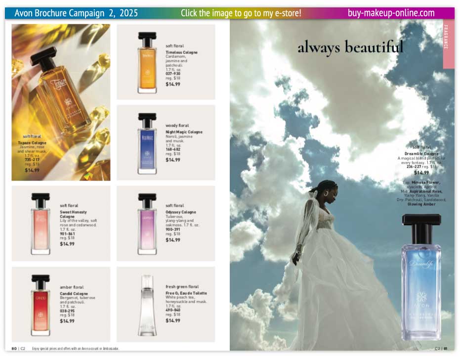 Avon Book Campaign 2 Online | Avon Sweet Honesty Timeless Cologne Night Magic Topaz Dreamlife Odyssey Candid Free O2 