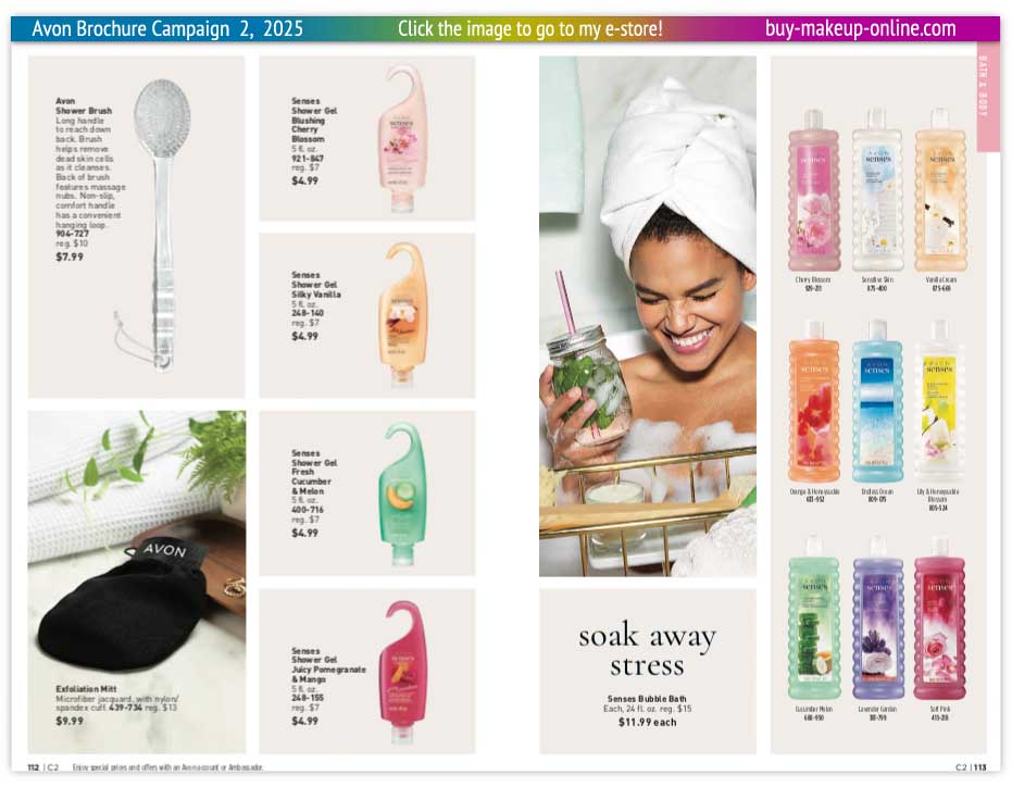 view Avon Catalog Campaign 2 Online | Avon Shower Brush Senses Shower Gel Bubble Bath 