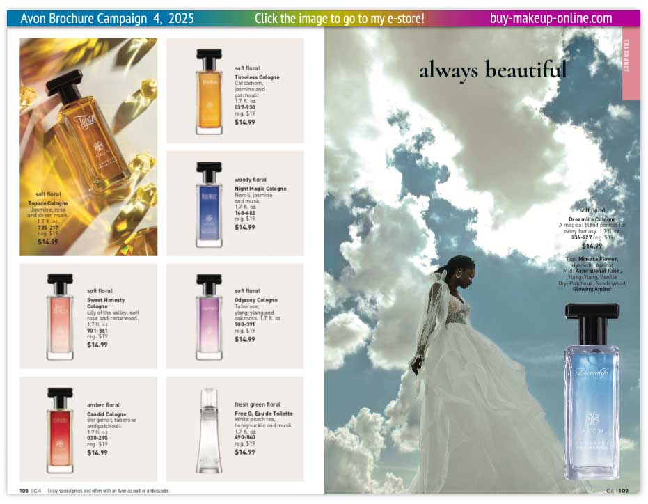 view Avon Catalog Campaign 4 Online | Avon Fragrance Topaz Cologne Timeless Night Magic Sweet Honesty Odyssey Candid Free O2 Dreamlife 