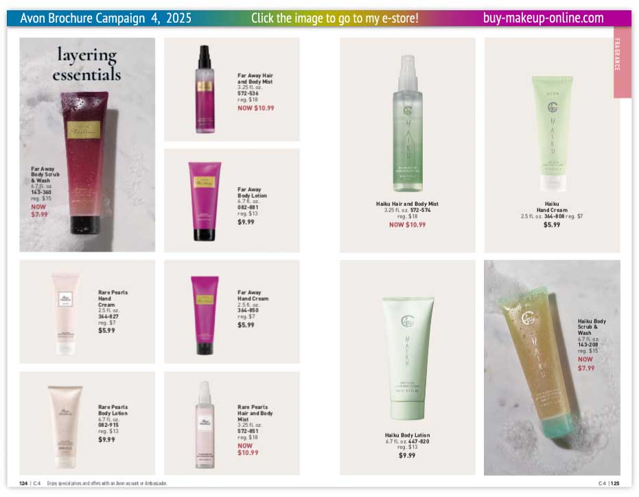 view Avon Catalog Campaign 4 Online | Avon Far Away Haiku Body Lotion Scrub Wash Hand Cream 