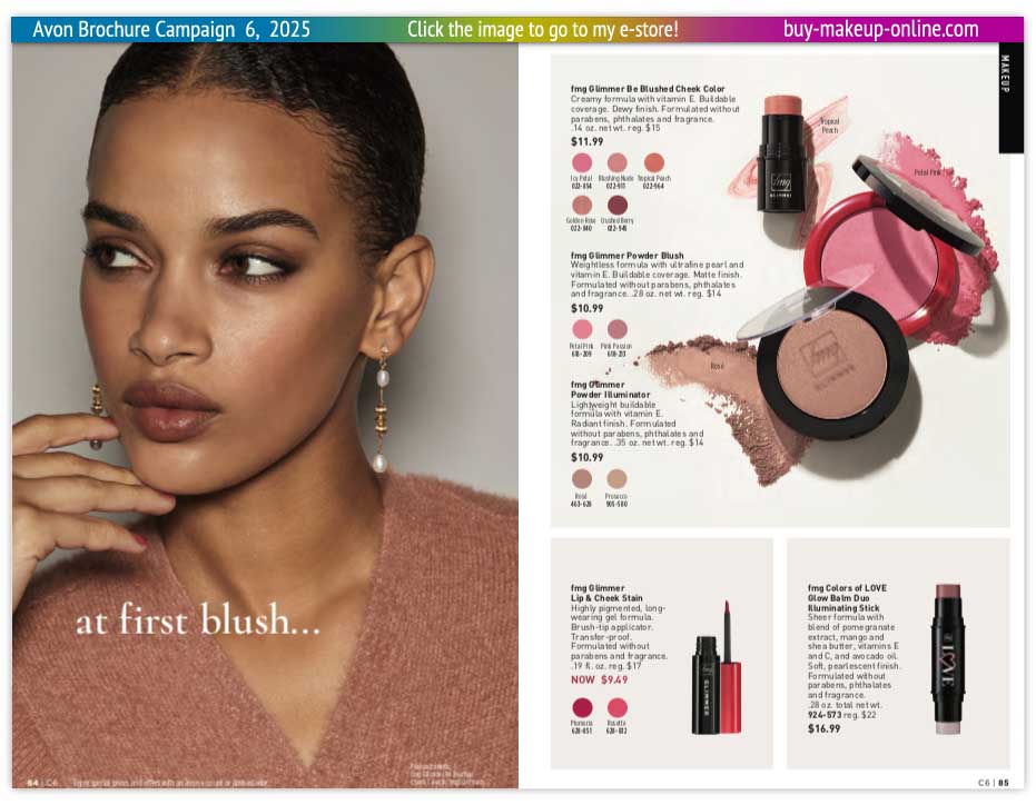 view Avon Campaign 6 Catalog Online | Avon Glimmer Be Blushed Cheek Color Powder Blush Illuminator Cheek Stain 