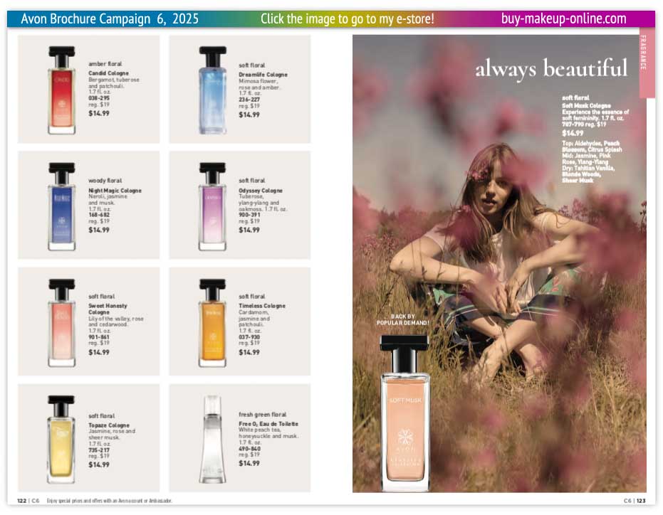 view Avon Catalog Campaign 6 Online | Avon Fragrance Candid Cologne Dreamlife Night Magic Odyssey Sweet Honesty Timeless Topaz Free O2 Soft Musk 